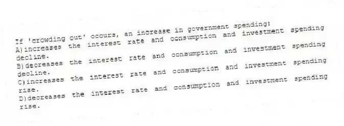 If 'crowding out' occurs, an increase in government spending:
A)increases the interest rate and consumption and investment spending decline.
B)decreases the interest rate and consumption and investment spending decline.
C)increases the interest rate and consumption and investment spending rise.
D)decreases the interest rate and consumption and investment spending rise.