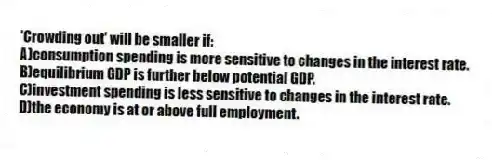 'Crowding out' will be smaller if:
A)consumption spending is more sensitive to changes in the interest rate.
B)equilibrium GDP is further below potential GDP.
C)investment spending is less sensitive to changes in the interest rate.
D)the economy is at or above full employment.
