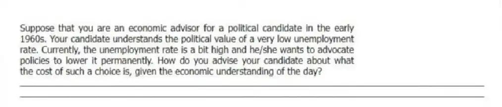 Suppose that you are an economic advisor for a political candidate in the early 1960s. Your candidate understands the political value of a very low unemployment rate. Currently, the unemployment rate is a bit high and he/she wants to advocate policies to lower it permanently. How do you advise your candidate about what the cost of such a choice is, given the economic understanding of the day?
_____________________________________________________________________________________________
_____________________________________________________________________________________________