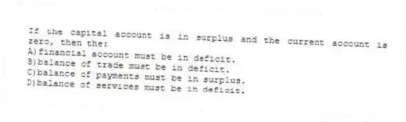 If the capital account is in surplus and the current account is zero, then the:
A)financial account must be in deficit.
B)balance of trade must be in deficit.
C)balance of payments must be in surplus.
D)balance of services must be in deficit.