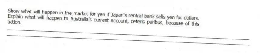 Show what will happen in the market for yen if Japan's central bank sells yen for dollars. Explain what will happen to Australia's current account, ceteris paribus, because of this action.
_____________________________________________________________________________________________
_____________________________________________________________________________________________
