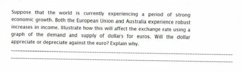 Suppose that the world is currently experiencing a period of strong economic growth. Both the European Union and Australia experience robust increases in income. Illustrate how this will affect the exchange rate using a graph of the demand and supply of dollars for euros. Will the dollar appreciate or depreciate against the euro? Explain why.
_____________________________________________________________________________________________
_____________________________________________________________________________________________