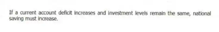 If a current account deficit increases and investment levels remain the same, national saving must increase.