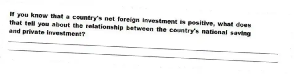If you know that a country's net foreign investment is positive, what does that tell you about the relationship between the country's national saving and private investment?
_____________________________________________________________________________________________
_____________________________________________________________________________________________