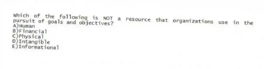 Which of the following is NOT a resource that organizations use in the pursuit of goals and objectives?
A)Human
B)Financial
C)Physical
D)Intangible
E)Informational