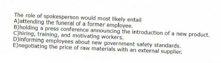 The role of spokesperson would most likely entail
A)attending the funeral of a former employee.
B)holding a press conference announcing the introduction of a new product.
C)hiring, training, and motivating workers.
D)informing employees about new government safety standards.
E)negotiating the price of raw materials with an external supplier.