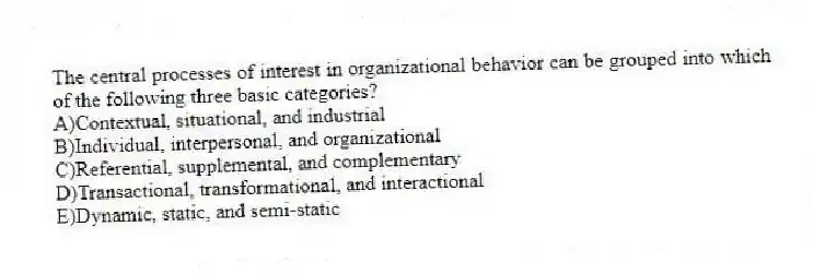 The central processes of interest in organizational behavior can be grouped into which of the following three basic categories?
A)Contextual, situational, and industrial
B)Individual, interpersonal, and organizational
C)Referential, supplemental, and complementary
D)Transactional, transformational, and interactional
E)Dynamic, static, and semi-static