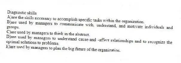 Diagnostic skills
A)are the skills necessary to accomplish specific tasks within the organization.
B)are used by managers to communicate with, understand, and motivate individuals and groups.
C)are used by managers to think in the abstract.
D)are used by managers to understand cause-and -affect relationships and to recognize the optimal solutions to problems.
E)are used by managers to plan the big future of the organization.