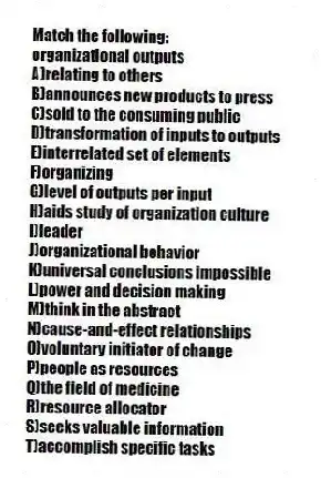 Match the following:
-organizational outputs
A)relating to others
B)announces new products to press
C)sold to the consuming public
D)transformation of inputs to outputs
E)interrelated set of elements
F)organizing
G)level of outputs per input
H)aids study of organization culture
I)leader
J)organizational behavior
K)universal conclusions impossible
L)power and decision making
M)think in the abstract
N)cause-and-effect relationships
O)voluntary initiator of change
P)people as resources
Q)the field of medicine
R)resource allocator
S)seeks valuable information
T)accomplish specific tasks