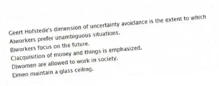 Geert Hofstede's dimension of uncertainty avoidance is the extent to which
A)workers prefer unambiguous situations.
B)workers focus on the future.
C)acquisition of money and things is emphasized.
D)women are allowed to work in society.
E)men maintain a glass ceiling.