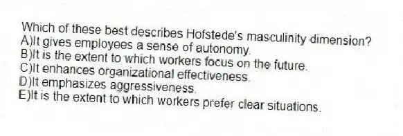 Which of these best describes Hofstede's masculinity dimension?
A)It gives employees a sense of autonomy.
B)It is the extent to which workers focus on the future.
C)It enhances organizational effectiveness.
D)It emphasizes aggressiveness.
E)It is the extent to which workers prefer clear situations.
