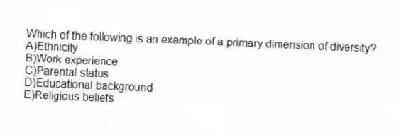 Which of the following is an example of a primary dimension of diversity?
A)Ethnicity
B)Work experience
C)Parental status
D)Educational background
E)Religious beliefs