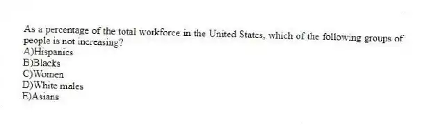As a percentage of the total workforce in the United States, which of the following groups of people is not increasing?
A)Hispanics
B)Blacks
C)Women
D)White males
E)Asians