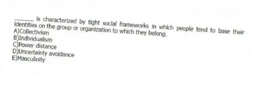 ______ is characterized by tight social frameworks in which people tend to base their identities on the group or organization to which they belong.
A)Collectivism
B)Individualism
C)Power distance
D)Uncertainty avoidance
E)Masculinity