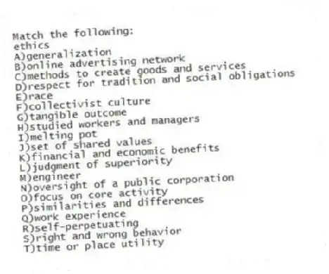 Match the following:
-ethics
A)generalization
B)online advertising network
C)methods to create goods and services
D)respect for tradition and social obligations
E)race
F)collectivist culture
G)tangible outcome
H)studied workers and managers
I)melting pot
J)set of shared values
K)financial and economic benefits
L)judgment of superiority
M)engineer
N)oversight of a public corporation
O)focus on core activity
P)similarities and differences
Q)work experience
R)self-perpetuating
S)right and wrong behavior
T)time or place utility