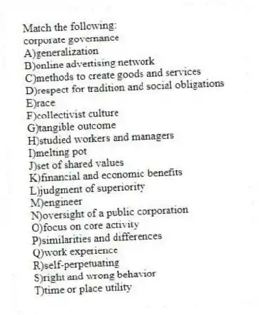 Match the following:
-corporate governance
A)generalization
B)online advertising network
C)methods to create goods and services
D)respect for tradition and social obligations
E)race
F)collectivist culture
G)tangible outcome
H)studied workers and managers
I)melting pot
J)set of shared values
K)financial and economic benefits
L)judgment of superiority
M)engineer
N)oversight of a public corporation
O)focus on core activity
P)similarities and differences
Q)work experience
R)self-perpetuating
S)right and wrong behavior
T)time or place utility