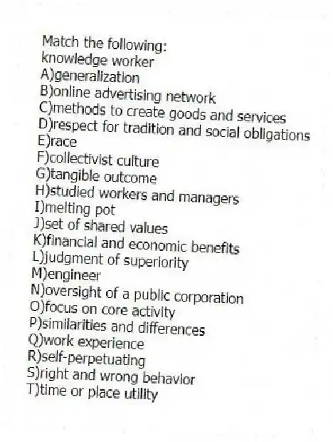 Match the following:
-knowledge worker
A)generalization
B)online advertising network
C)methods to create goods and services
D)respect for tradition and social obligations
E)race
F)collectivist culture
G)tangible outcome
H)studied workers and managers
I)melting pot
J)set of shared values
K)financial and economic benefits
L)judgment of superiority
M)engineer
N)oversight of a public corporation
O)focus on core activity
P)similarities and differences
Q)work experience
R)self-perpetuating
S)right and wrong behavior
T)time or place utility