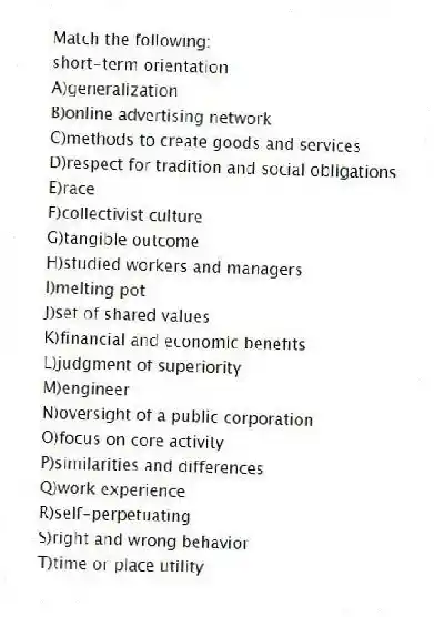 Match the following:
-short-term orientation
A)generalization
B)online advertising network
C)methods to create goods and services
D)respect for tradition and social obligations
E)race
F)collectivist culture
G)tangible outcome
H)studied workers and managers
I)melting pot
J)set of shared values
K)financial and economic benefits
L)judgment of superiority
M)engineer
N)oversight of a public corporation
O)focus on core activity
P)similarities and differences
Q)work experience
R)self-perpetuating
S)right and wrong behavior
T)time or place utility