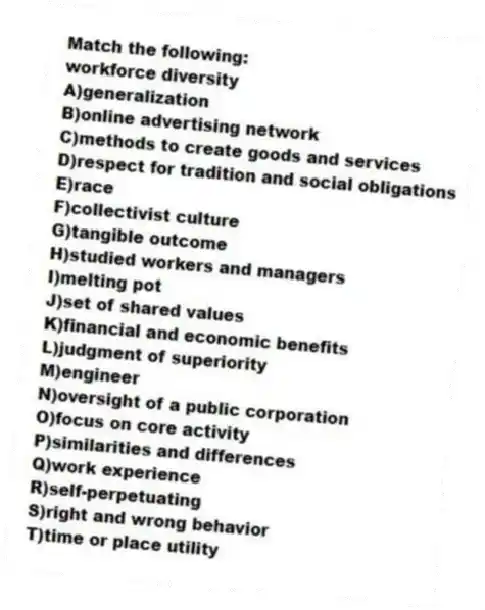 Match the following:
-workforce diversity
A)generalization
B)online advertising network
C)methods to create goods and services
D)respect for tradition and social obligations
E)race
F)collectivist culture
G)tangible outcome
H)studied workers and managers
I)melting pot
J)set of shared values
K)financial and economic benefits
L)judgment of superiority
M)engineer
N)oversight of a public corporation
O)focus on core activity
P)similarities and differences
Q)work experience
R)self-perpetuating
S)right and wrong behavior
T)time or place utility