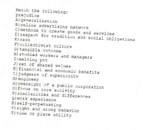 Match the following:
-prejudice
A)generalization
B)online advertising network
C)methods to create goods and services
D)respect for tradition and social obligations
E)race
F)collectivist culture
G)tangible outcome
H)studied workers and managers
I)melting pot
J)set of shared values
K)financial and economic benefits
L)judgment of superiority
M)engineer
N)oversight of a public corporation
O)focus on core activity
P)similarities and differences
Q)work experience
R)self-perpetuating
S)right and wrong behavior
T)time or place utility
