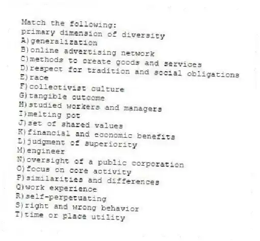 Match the following:
-primary dimension of diversity
A)generalization
B)online advertising network
C)methods to create goods and services
D)respect for tradition and social obligations
E)race
F)collectivist culture
G)tangible outcome
H)studied workers and managers
I)melting pot
J)set of shared values
K)financial and economic benefits
L)judgment of superiority
M)engineer
N)oversight of a public corporation
O)focus on core activity
P)similarities and differences
Q)work experience
R)self-perpetuating
S)right and wrong behavior
T)time or place utility