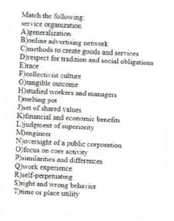 Match the following:
-service organization
A)generalization
B)online advertising network
C)methods to create goods and services
D)respect for tradition and social obligations
E)race
F)collectivist culture
G)tangible outcome
H)studied workers and managers
I)melting pot
J)set of shared values
K)financial and economic benefits
L)judgment of superiority
M)engineer
N)oversight of a public corporation
O)focus on core activity
P)similarities and differences
Q)work experience
R)self-perpetuating
S)right and wrong behavior
T)time or place utility
