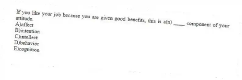 If you like your job because you are given good benefits, this is a(n) ____ component of your attitude.
A)affect
B)intention
C)intellect
D)behavior
E)cognition
