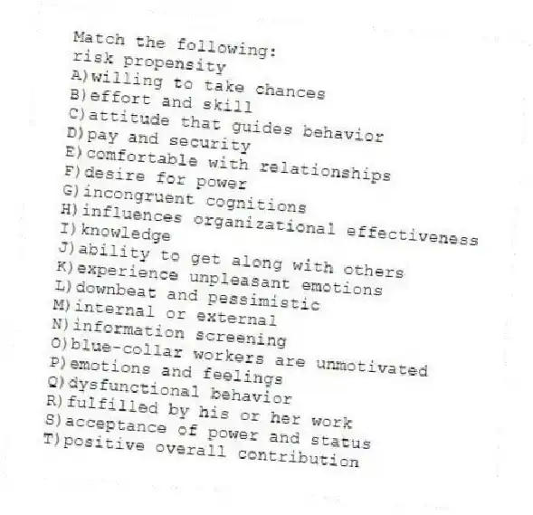 Match the following:
-risk propensity
A)willing to take chances
B)effort and skill
C)attitude that guides behavior
D)pay and security
E)comfortable with relationships
F)desire for power
G)incongruent cognitions
H)influences organizational effectiveness
I)knowledge
J)ability to get along with others
K)experience unpleasant emotions
L)downbeat and pessimistic
M)internal or external
N)information screening
O)blue-collar workers are unmotivated
P)emotions and feelings
Q)dysfunctional behavior
R)fulfilled by his or her work
S)acceptance of power and status
T)positive overall contribution