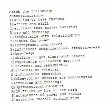 Match the following:
-authoritarianism
A)willing to take chances
B)effort and skill
C)attitude that guides behavior
D)pay and security
E)comfortable with relationships
F)desire for power
G)incongruent cognitions
H)influences organizational effectiveness
I)knowledge
J)ability to get along with others
K)experience unpleasant emotions
L)downbeat and pessimistic
M)internal or external
N)information screening
O)blue-collar workers are unmotivated
P)emotions and feelings
Q)dysfunctional behavior
R)fulfilled by his or her work
S)acceptance of power and status
T)positive overall contribution