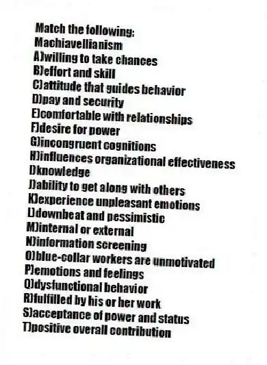 Match the following:
-Machiavellianism
A)willing to take chances
B)effort and skill
C)attitude that guides behavior
D)pay and security
E)comfortable with relationships
F)desire for power
G)incongruent cognitions
H)influences organizational effectiveness
I)knowledge
J)ability to get along with others
K)experience unpleasant emotions
L)downbeat and pessimistic
M)internal or external
N)information screening
O)blue-collar workers are unmotivated
P)emotions and feelings
Q)dysfunctional behavior
R)fulfilled by his or her work
S)acceptance of power and status
T)positive overall contribution