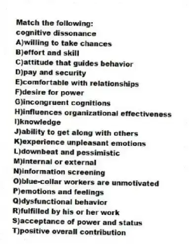 Match the following:
-cognitive dissonance
A)willing to take chances
B)effort and skill
C)attitude that guides behavior
D)pay and security
E)comfortable with relationships
F)desire for power
G)incongruent cognitions
H)influences organizational effectiveness
I)knowledge
J)ability to get along with others
K)experience unpleasant emotions
L)downbeat and pessimistic
M)internal or external
N)information screening
O)blue-collar workers are unmotivated
P)emotions and feelings
Q)dysfunctional behavior
R)fulfilled by his or her work
S)acceptance of power and status
T)positive overall contribution
