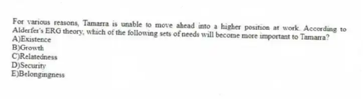 For various reasons, Tamarra is unable to move ahead into a higher position at work. According to Alderfer's ERG theory, which of the following sets of needs will become more important to Tamarra?
A)Existence
B)Growth
C)Relatedness
D)Security
E)Belongingness