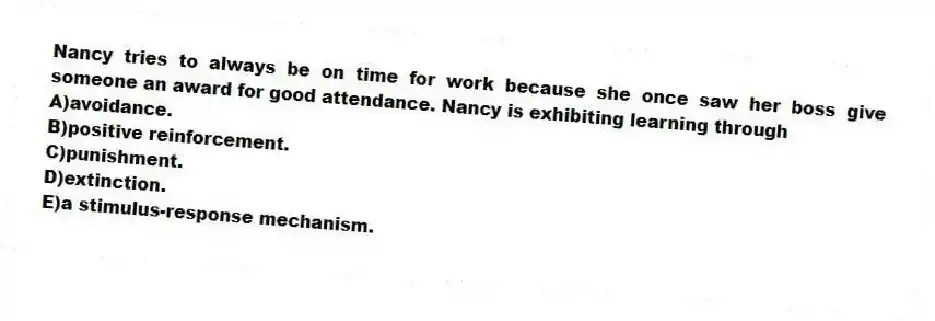 Nancy tries to always be on time for work because she once saw her boss give someone an award for good attendance. Nancy is exhibiting learning through
A)avoidance.
B)positive reinforcement.
C)punishment.
D)extinction.
E)a stimulus-response mechanism.