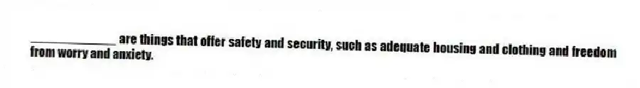 ____________ are things that offer safety and security, such as adequate housing and clothing and freedom from worry and anxiety.