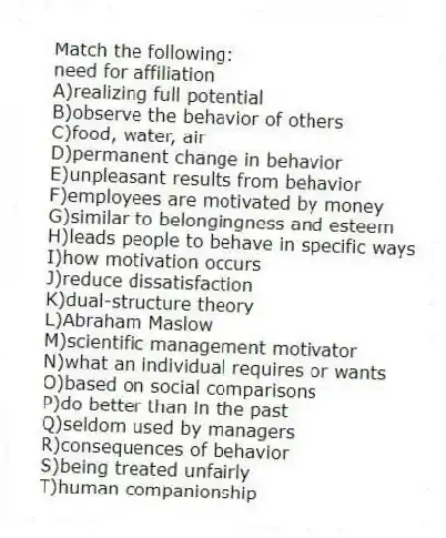 Match the following:
-need for affiliation
A)realizing full potential
B)observe the behavior of others
C)food, water, air
D)permanent change in behavior
E)unpleasant results from behavior
F)employees are motivated by money
G)similar to belongingness and esteem
H)leads people to behave in specific ways
I)how motivation occurs
J)reduce dissatisfaction
K)dual-structure theory
L)Abraham Maslow
M)scientific management motivator
N)what an individual requires or wants
O)based on social comparisons
P)do better than in the past
Q)seldom used by managers
R)consequences of behavior
S)being treated unfairly
T)human companionship