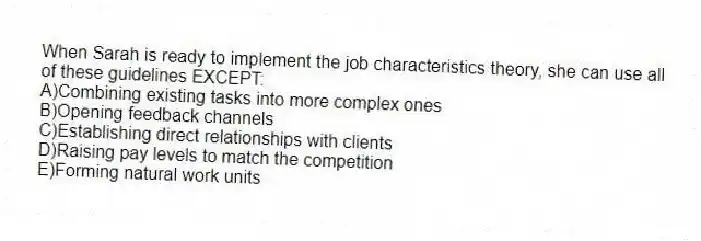 When Sarah is ready to implement the job characteristics theory, she can use all of these guidelines EXCEPT:
A)Combining existing tasks into more complex ones
B)Opening feedback channels
C)Establishing direct relationships with clients
D)Raising pay levels to match the competition
E)Forming natural work units