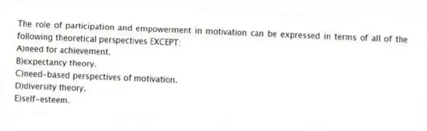 The role of participation and empowerment in motivation can be expressed in terms of all of the following theoretical perspectives EXCEPT:
A)need for achievement.
B)expectancy theory.
C)need-based perspectives of motivation.
D)diversity theory.
E)self-esteem.