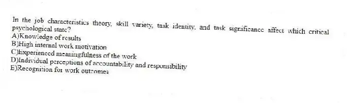 In the job characteristics theory, skill variety, task identity, and task significance affect which critical psychological state?
A)Knowledge of results
B)High internal work motivation
C)Experienced meaningfulness of the work
D)Individual perceptions of accountability and responsibility
E)Recognition for work outcomes