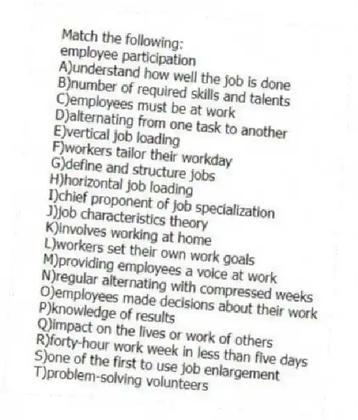 Match the following:
-employee participation
A)understand how well the job is done
B)number of required skills and talents
C)employees must be at work
D)alternating from one task to another
E)vertical job loading
F)workers tailor their workday
G)define and structure jobs
H)horizontal job loading
I)chief proponent of job specialization
J)job characteristics theory
K)involves working at home
L)workers set their own work goals
M)providing employees a voice at work
N)regular alternating with compressed weeks
O)employees made decisions about their work
P)knowledge of results
Q)impact on the lives or work of others
R)forty-hour work week in less than five days
S)one of the first to use job enlargement
T)problem-solving volunteers