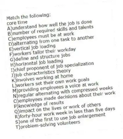 Match the following:
-core time
A)understand how well the job is done
B)number of required skills and talents
C)employees must be at work
D)alternating from one task to another
E)vertical job loading
F)workers tailor their workday
G)define and structure jobs
H)horizontal job loading
I)chief proponent of job specialization
J)job characteristics theory
K)involves working at home
L)workers set their own work goals
M)providing employees a voice at work
N)regular alternating with compressed weeks
O)employees made decisions about their work
P)knowledge of results
Q)impact on the lives or work of others
R)forty-hour work week in less than five days
S)one of the first to use job enlargement
T)problem-solving volunteers