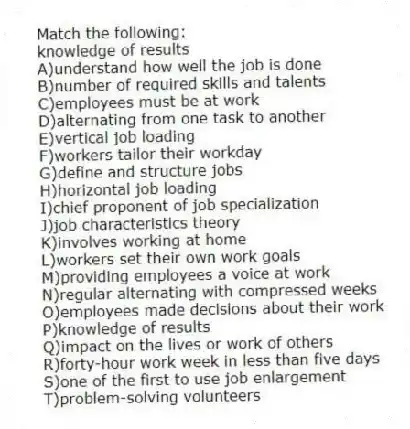 Match the following:
-knowledge of results
A)understand how well the job is done
B)number of required skills and talents
C)employees must be at work
D)alternating from one task to another
E)vertical job loading
F)workers tailor their workday
G)define and structure jobs
H)horizontal job loading
I)chief proponent of job specialization
J)job characteristics theory
K)involves working at home
L)workers set their own work goals
M)providing employees a voice at work
N)regular alternating with compressed weeks
O)employees made decisions about their work
P)knowledge of results
Q)impact on the lives or work of others
R)forty-hour work week in less than five days
S)one of the first to use job enlargement
T)problem-solving volunteers