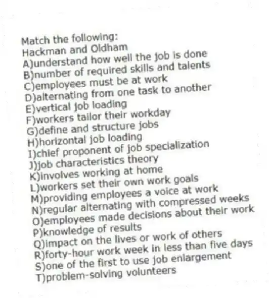 Match the following:
-Hackman and Oldham
A)understand how well the job is done
B)number of required skills and talents
C)employees must be at work
D)alternating from one task to another
E)vertical job loading
F)workers tailor their workday
G)define and structure jobs
H)horizontal job loading
I)chief proponent of job specialization
J)job characteristics theory
K)involves working at home
L)workers set their own work goals
M)providing employees a voice at work
N)regular alternating with compressed weeks
O)employees made decisions about their work
P)knowledge of results
Q)impact on the lives or work of others
R)forty-hour work week in less than five days
S)one of the first to use job enlargement
T)problem-solving volunteers