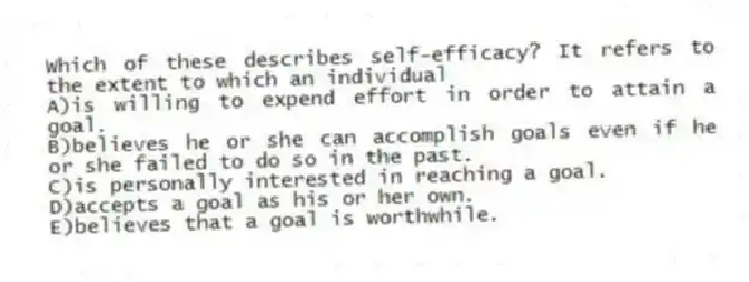 Which of these describes self-efficacy? It refers to the extent to which an individual
A)is willing to expend effort in order to attain a goal.
B)believes he or she can accomplish goals even if he or she failed to do so in the past.
C)is personally interested in reaching a goal.
D)accepts a goal as his or her own.
E)believes that a goal is worthwhile.
