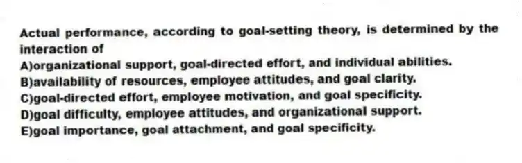 Actual performance, according to goal-setting theory, is determined by the interaction of
A)organizational support, goal-directed effort, and individual abilities.
B)availability of resources, employee attitudes, and goal clarity.
C)goal-directed effort, employee motivation, and goal specificity.
D)goal difficulty, employee attitudes, and organizational support.
E)goal importance, goal attachment, and goal specificity.