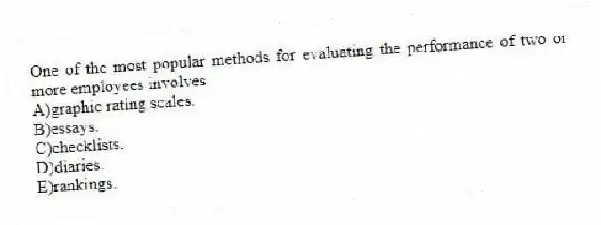 One of the most popular methods for evaluating the performance of two or more employees involves
A)graphic rating scales.
B)essays.
C)checklists.
D)diaries.
E)rankings.