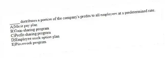 _____ distributes a portion of the company's profits to all employees at a predetermined rate.
A)Merit pay plan
B)Gain-sharing program
C)Profit-sharing program
D)Employee stock option plan
E)Piecework program