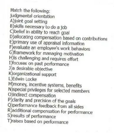 Match the following:
-judgmental orientation
A)joint goal setting
B)skills necessary to do a job
C)belief in ability to reach goal
D)allocating compensation based on contributions
E)primary use of appraisal information
F)evaluate an employee's work behaviors
G)framework for managing motivation
H)is challenging and requires effort
I)focuses on past performance
J)a desirable objective
K)organizational support
L)Edwin Locke
M)money, incentive systems, benefits
N)special privileges for selected members
O)indirect compensation
P)clarity and precision of the goals
Q)performance feedback from all sides
R)additional compensation for performance
S)results of performance
T)raises based on performance