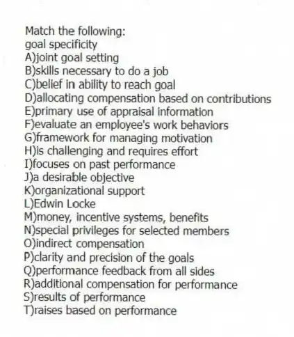 Match the following:
-goal specificity
A)joint goal setting
B)skills necessary to do a job
C)belief in ability to reach goal
D)allocating compensation based on contributions
E)primary use of appraisal information
F)evaluate an employee's work behaviors
G)framework for managing motivation
H)is challenging and requires effort
I)focuses on past performance
J)a desirable objective
K)organizational support
L)Edwin Locke
M)money, incentive systems, benefits
N)special privileges for selected members
O)indirect compensation
P)clarity and precision of the goals
Q)performance feedback from all sides
R)additional compensation for performance
S)results of performance
T)raises based on performance
