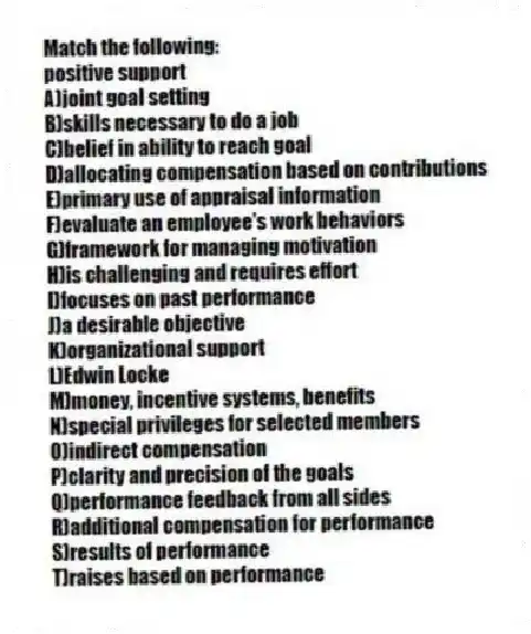 Match the following:
-positive support
A)joint goal setting
B)skills necessary to do a job
C)belief in ability to reach goal
D)allocating compensation based on contributions
E)primary use of appraisal information
F)evaluate an employee's work behaviors
G)framework for managing motivation
H)is challenging and requires effort
I)focuses on past performance
J)a desirable objective
K)organizational support
L)Edwin Locke
M)money, incentive systems, benefits
N)special privileges for selected members
O)indirect compensation
P)clarity and precision of the goals
Q)performance feedback from all sides
R)additional compensation for performance
S)results of performance
T)raises based on performance