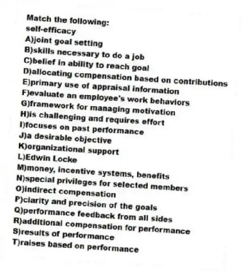 Match the following:
-self-efficacy
A)joint goal setting
B)skills necessary to do a job
C)belief in ability to reach goal
D)allocating compensation based on contributions
E)primary use of appraisal information
F)evaluate an employee's work behaviors
G)framework for managing motivation
H)is challenging and requires effort
I)focuses on past performance
J)a desirable objective
K)organizational support
L)Edwin Locke
M)money, incentive systems, benefits
N)special privileges for selected members
O)indirect compensation
P)clarity and precision of the goals
Q)performance feedback from all sides
R)additional compensation for performance
S)results of performance
T)raises based on performance